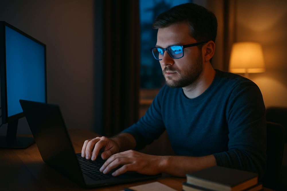 Man wearing blue light blocking computer glasses while working on a laptop at night, with screen glow reflecting on lenses