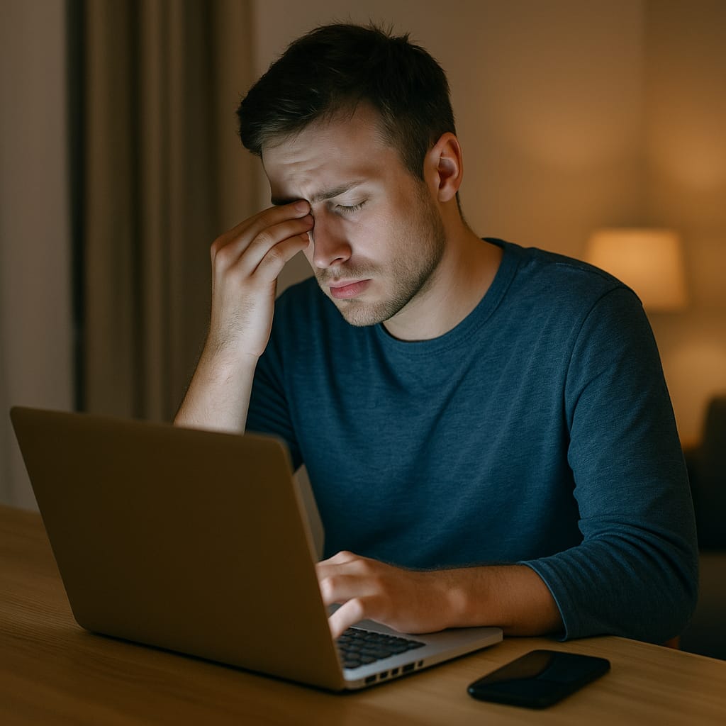 Person at desk rubbing eyes due to dry eyes from screen use