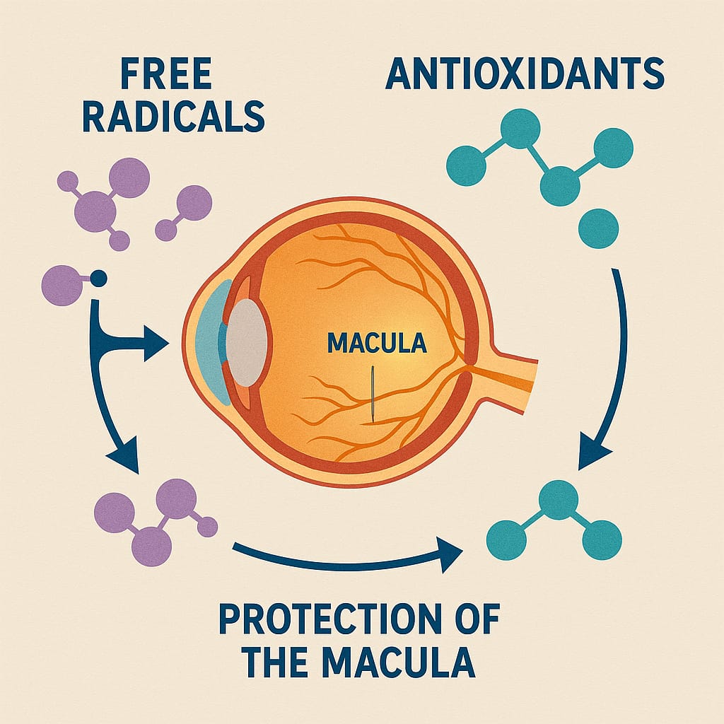4 Pillars of Macula Protection," a crucial strategy for AMD prevention. The shield highlights key vision nutrients (Lutein & Zeaxanthin, Omega-3s) and lifestyle factors essential for long-term retinal and macula protection. This visual guide simplifies how to implement **Antioxidants and Eye Health** strategies to slow down eye aging naturally.