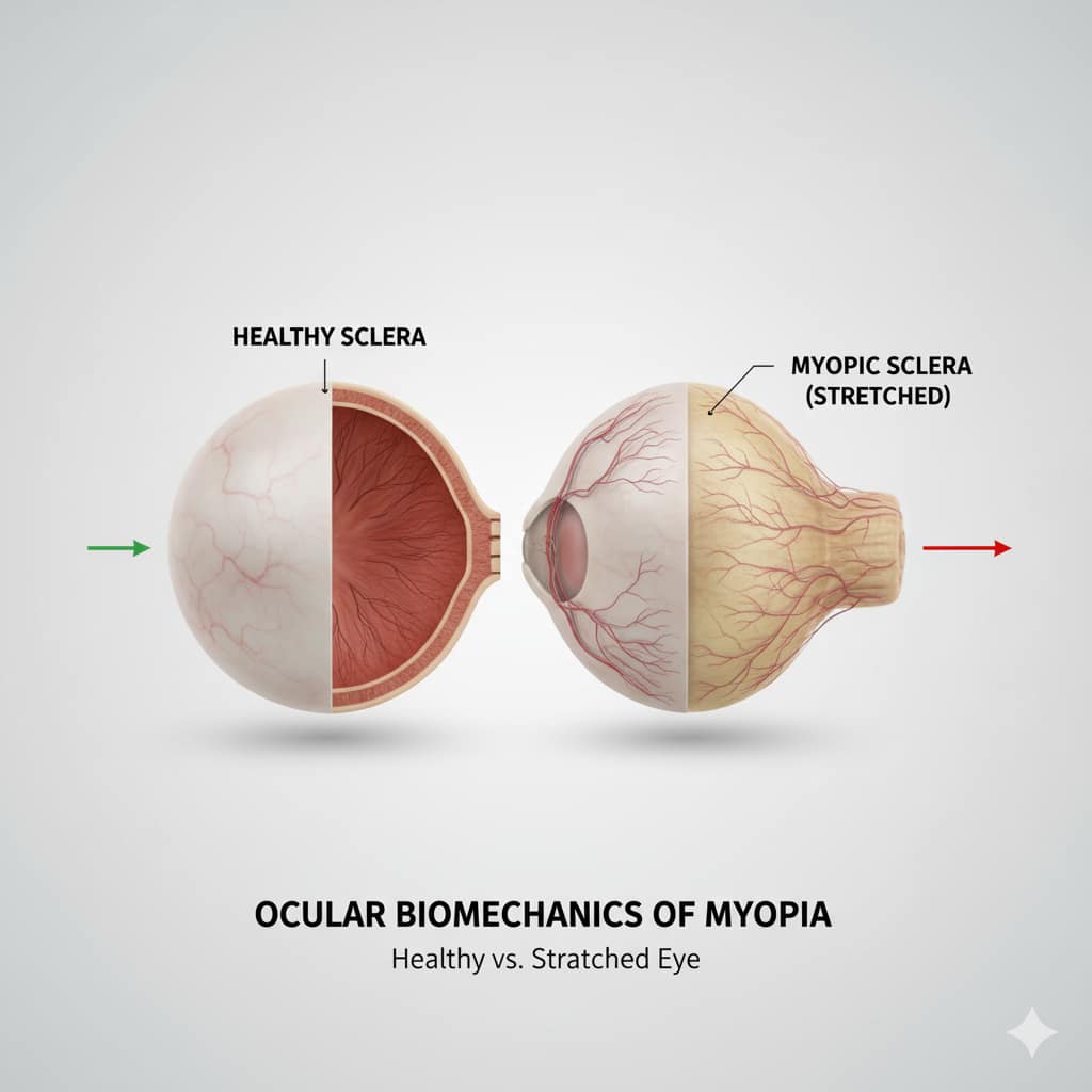 Scientific diagram contrasting a healthy human eye with a myopic, axially elongated eye, clearly showing the stretched sclera. Illustrates the core concept of **Ocular Biomechanics of Myopia** progression.