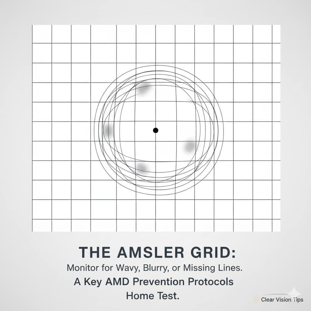 Patient view of an Amsler grid showing distorted lines, used as a critical home monitoring tool within AMD Prevention Protocols.