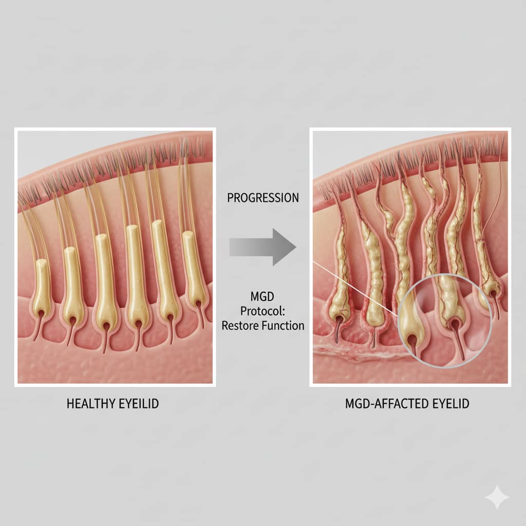 Comparison of a healthy eyelid cross-section with clear Meibomian Glands versus an MGD-affected lid with blocked and atrophied glands, illustrating the vital need for the MGD Protocol.