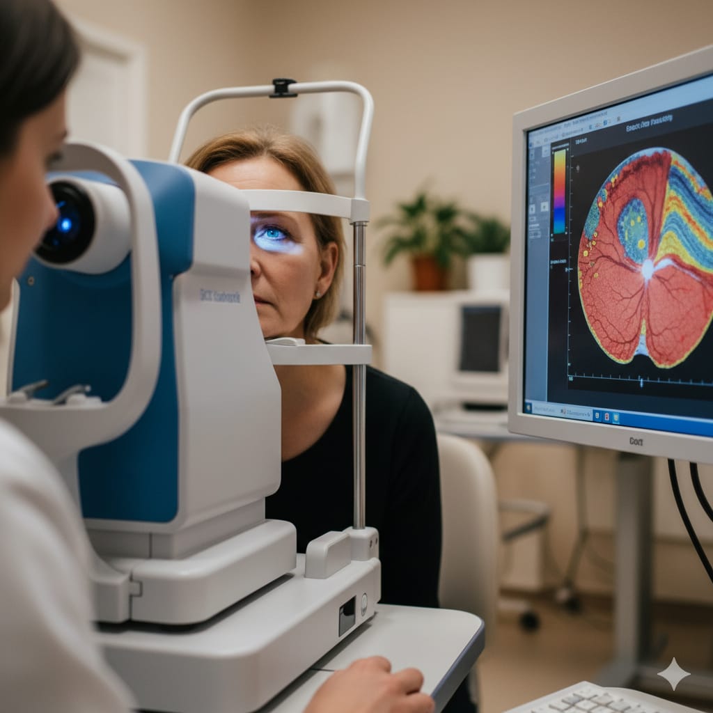 Patient undergoing OCT scanning—modern technology for drug toxicity detection. Monitoring Medication Side Effects Eyes in a clinical setting