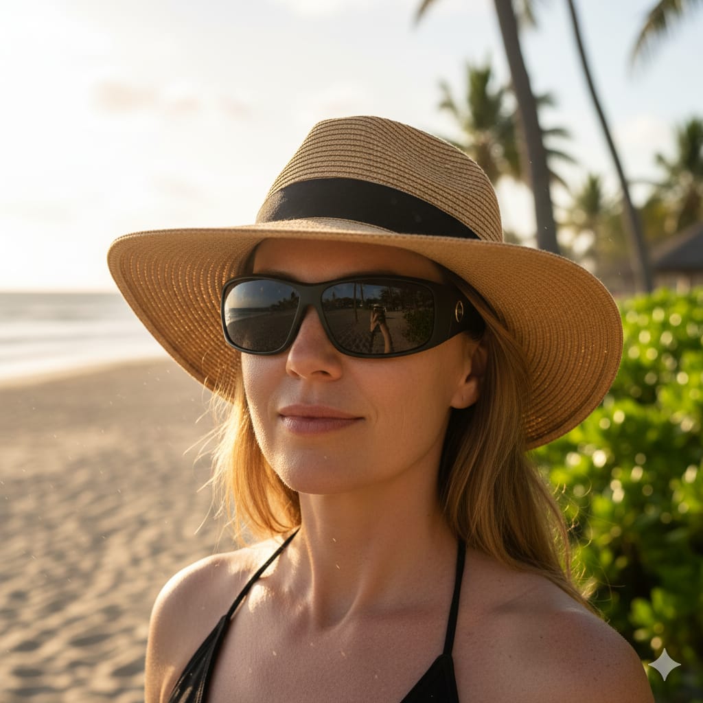 Person wearing comprehensive wraparound sunglasses and a wide-brimmed hat, demonstrating the environmental control required for effective Pterygium and Pinguecula Biohacking.