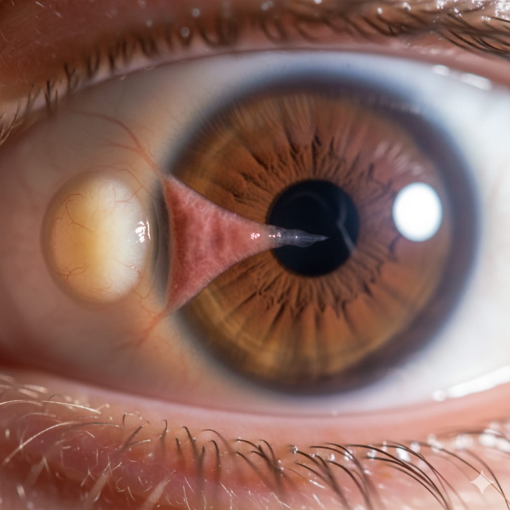 Clear clinical view showing both Pinguecula (yellow deposit) and Pterygium (fleshy growth over the cornea), distinguishing the two conditions for Pterygium and Pinguecula Biohacking.