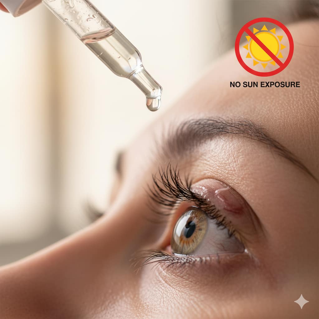 Post-operative eye with a focus on topical drops and clear instructions for avoiding sun exposure, emphasizing recurrence prevention after pterygium surgery.