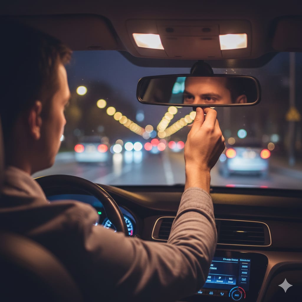 Driver reducing driving eye strain by adjusting anti-glare rearview mirror at night