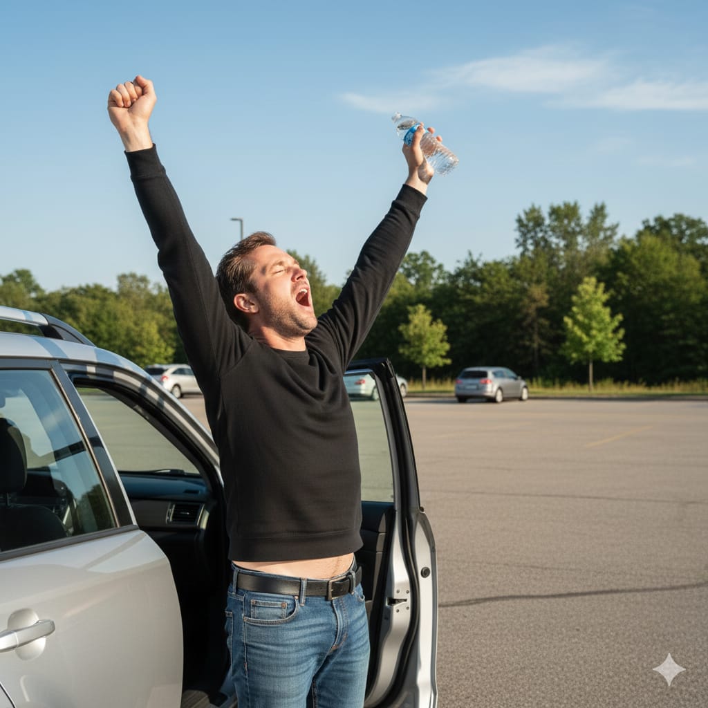 A male driver safely parked on a highway shoulder, standing outside the car to drink water and stretch his eyes during a daylight break, illustrating relief from driving fatigue.