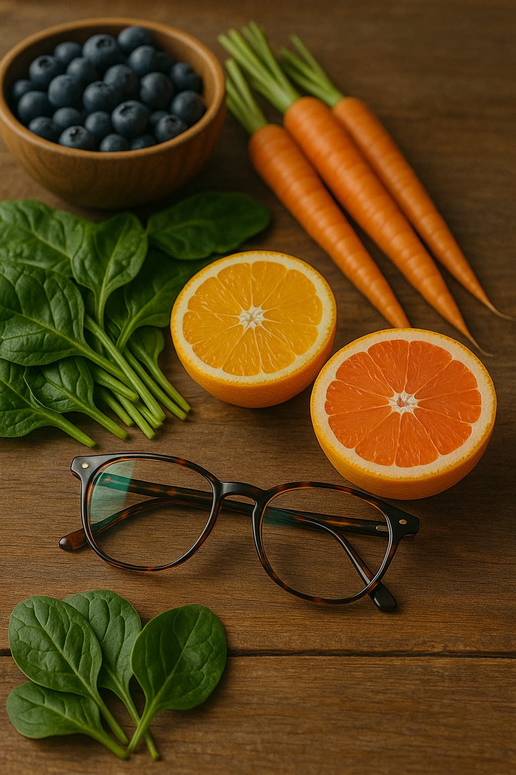 Antioxidants and Eye Health. Colorful antioxidant-rich foods like blueberries, carrots, and spinach supporting eye health naturally