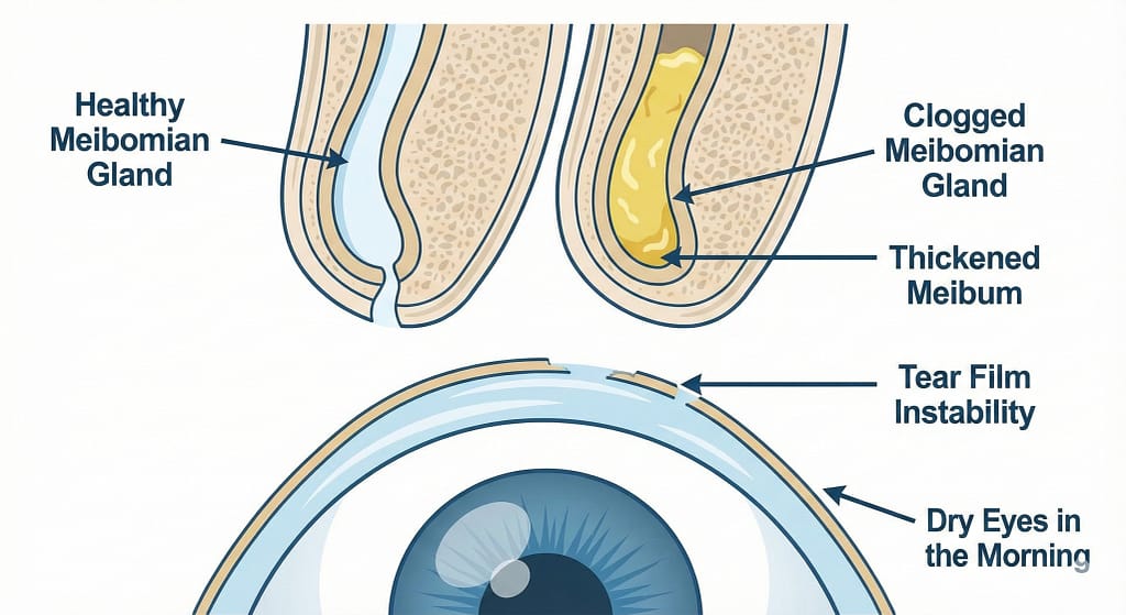 MGD causing Dry Eyes in the Morning due to blocked meibomian glands