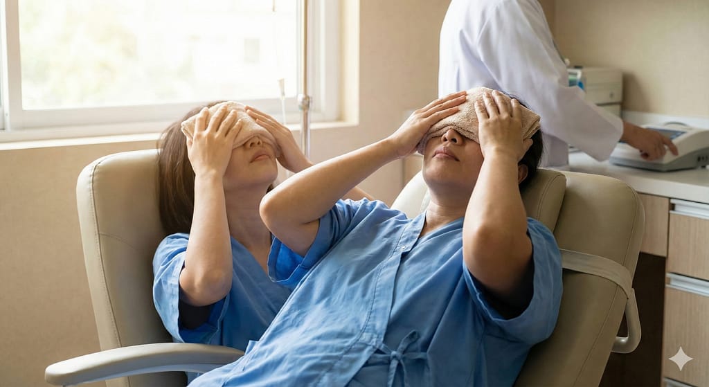 Warm compress for Dry Eyes in the Morning to improve meibum flow.