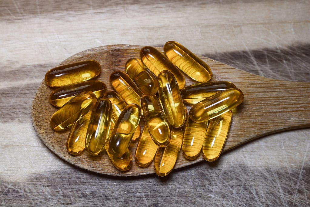 Omega-3 fish oil capsules providing essential EPA and DHA for retinal health and dry eye relief.