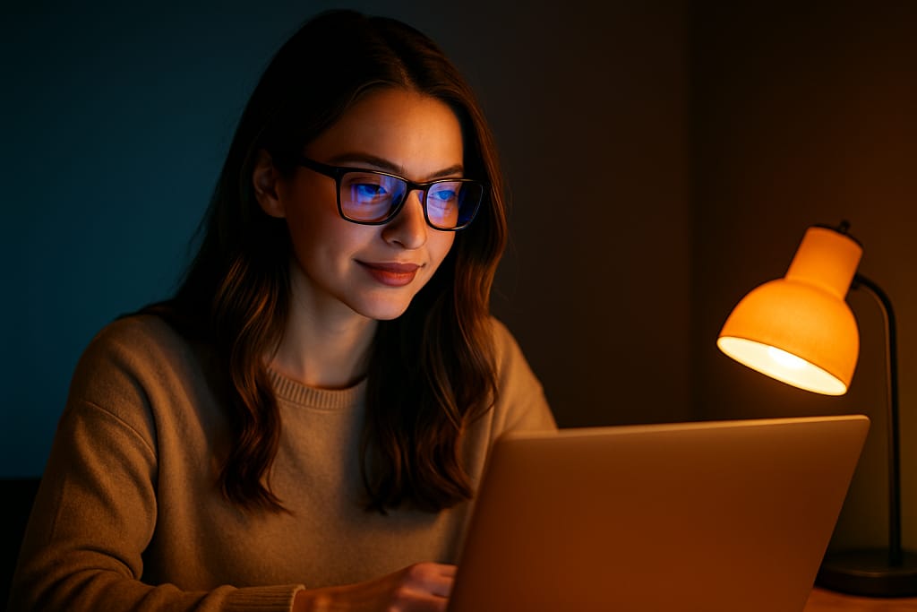 Infographic showing blue light effects like eye strain and sleep problems, with solutions such as glasses, filters, and screen breaks