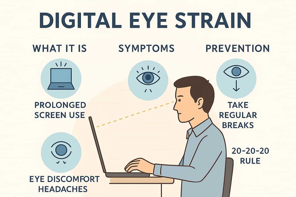 nfographic on digital eye strain showing a man using a laptop, with sections highlighting prolonged screen use, eye discomfort and headaches as symptoms, and prevention tips like taking regular breaks and the 20-20-20 rule