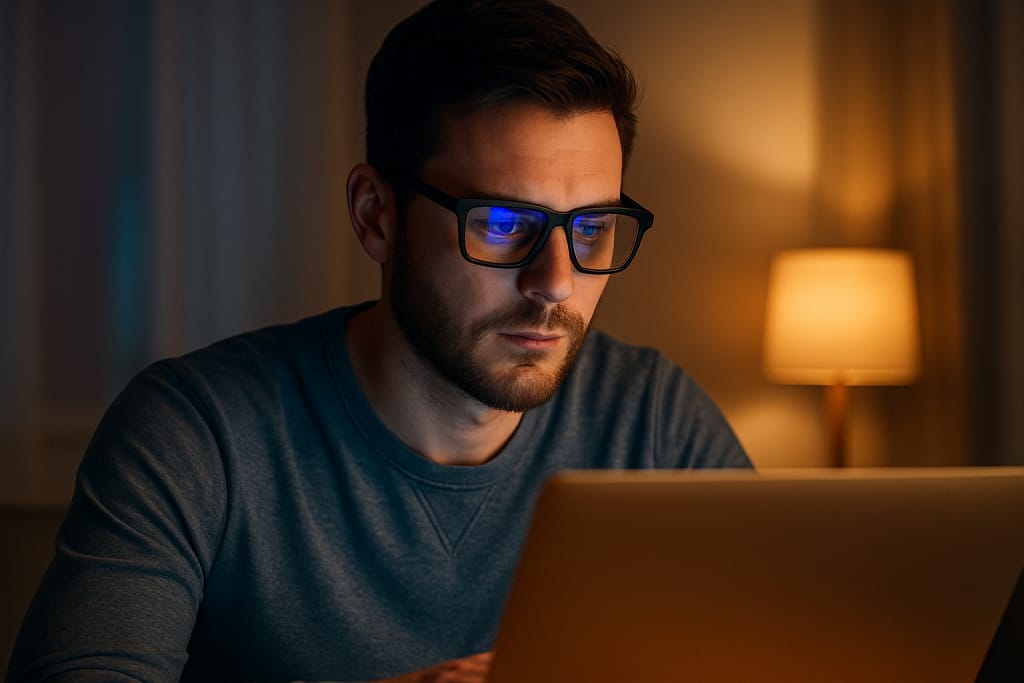 Photorealistic image of a person wearing blue light blocking glasses while working at a desk with a laptop and a warm desk lamp. Clean, professional look for a health blog