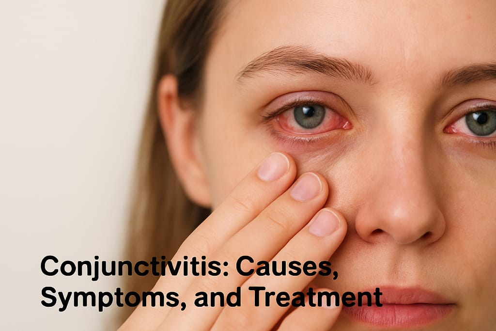 Close-up of a human eye with visible redness and irritation, showing symptoms of conjunctivitis (pink eye)