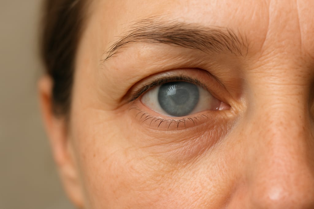 Close-up natural photo of a human eye with hazy cornea and subtle pressure-related changes, symbolizing glaucoma and its effect on vision