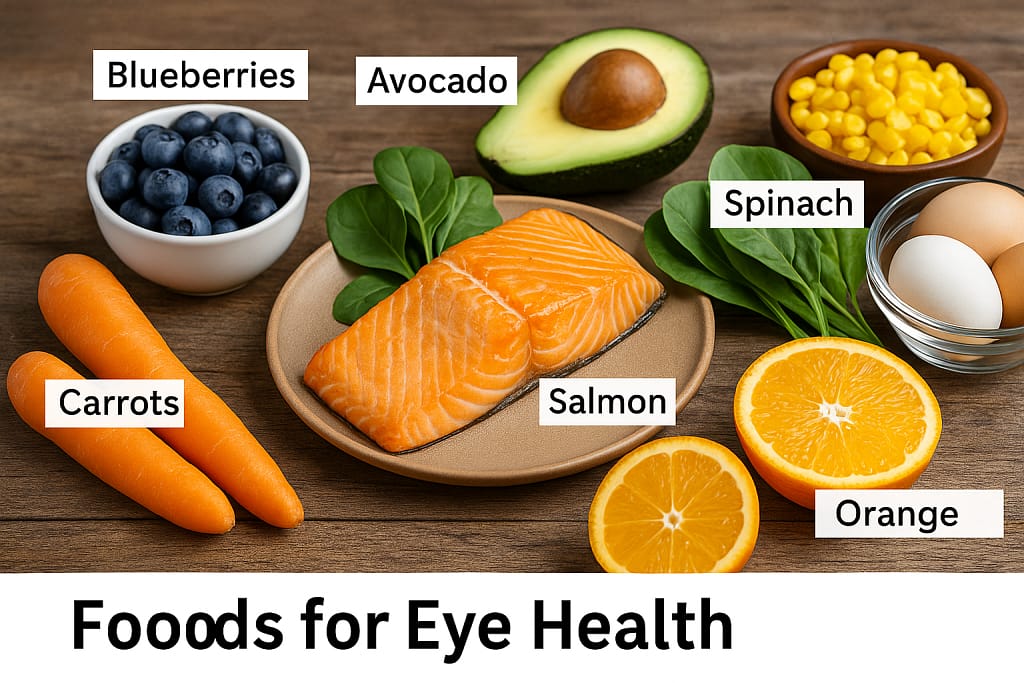 A collage of healthy foods essential for **nutrition for vision**, including leafy green kale, salmon rich in Omega-3, carrots, and eye health supplements.