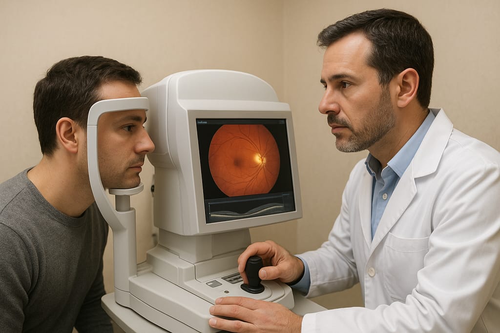 Close-up of an ophthalmologist using advanced imaging technology (OCT or dilated fundus exam) to examine the retina and optic nerve, highlighting why consistent Eye Exam Frequency is vital for early disease detection.