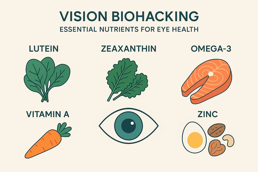 Infographic about vision biohacking showing nutrients lutein, zeaxanthin, omega-3, vitamin A, and zinc with foods like spinach, kale, salmon, carrots, eggs, and nuts