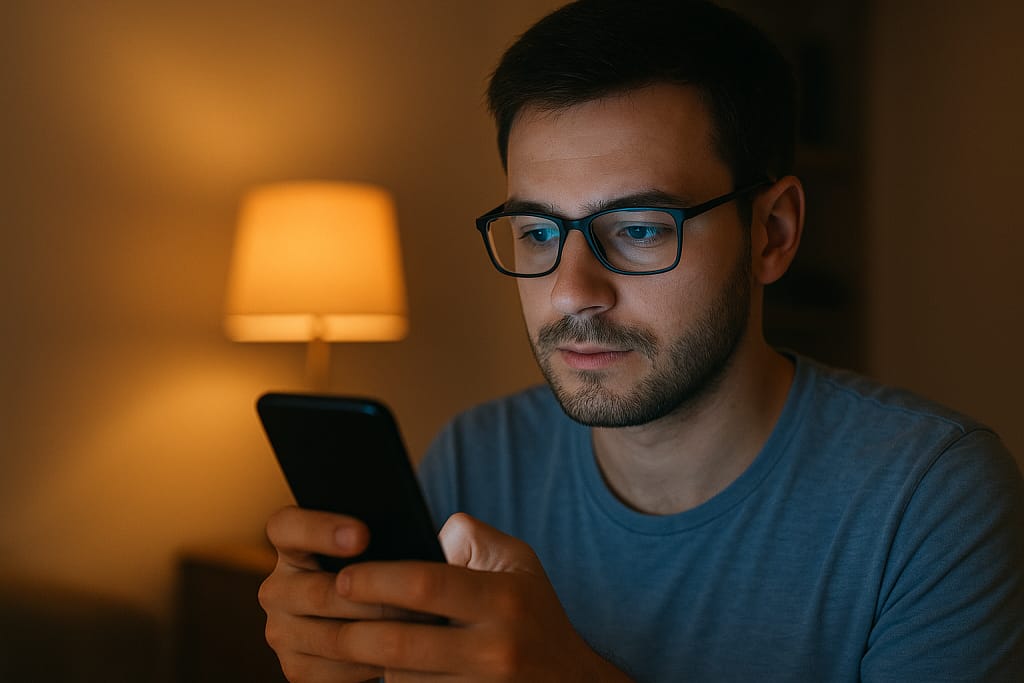 Man looking at mobile phone while wearing blue light blocking glasses, promoting digital eye strain prevention and eye health tips from ClearVision Tips