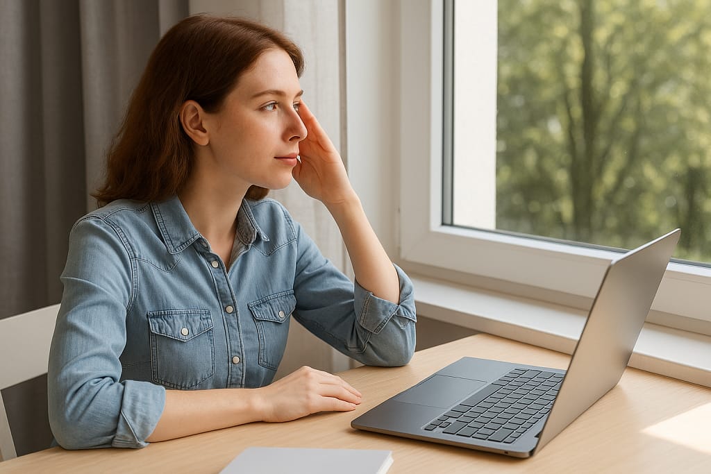 Woman practicing 20-20-20 rule for eye health, taking a screen break to look outside the window.