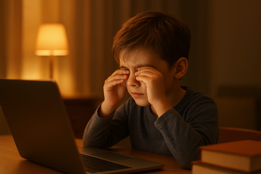 Child rubbing eyes due to digital eye strain after using laptop at desk with books and warm evening light