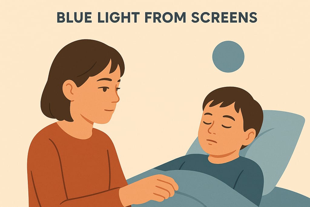 The negative impact of screen time and childrens sleep showing a child using a phone in a dark bedroom.