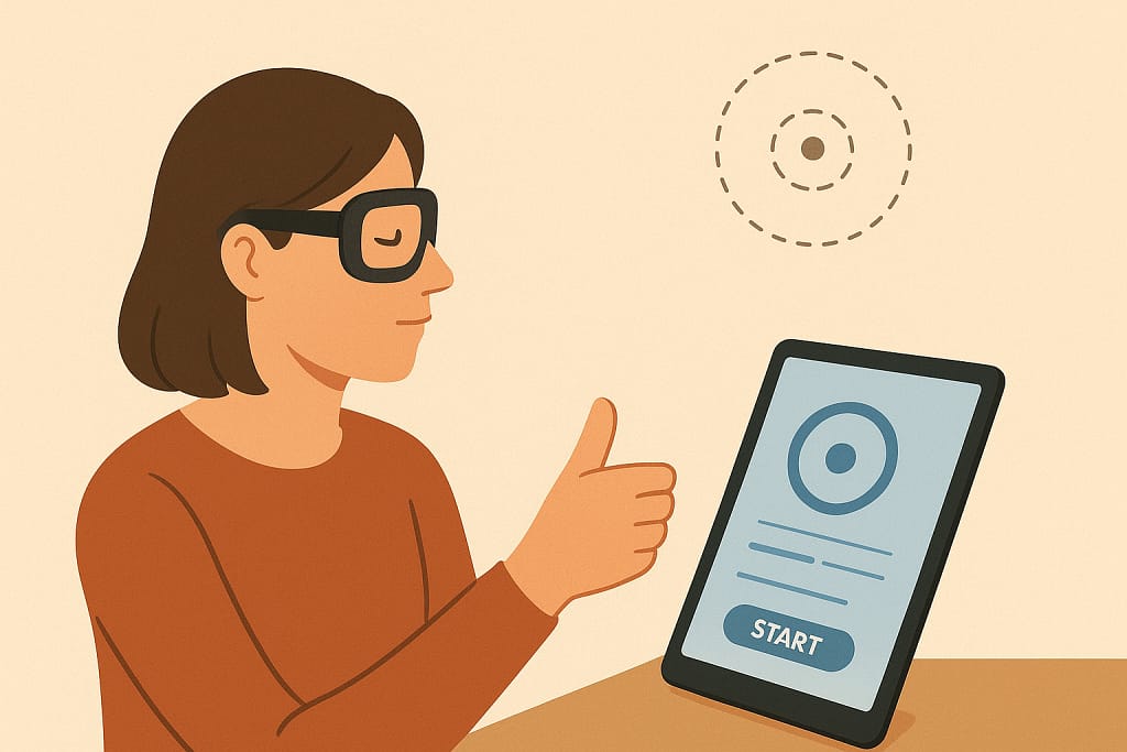 Person doing saccade and near-far focus eye exercises at desk