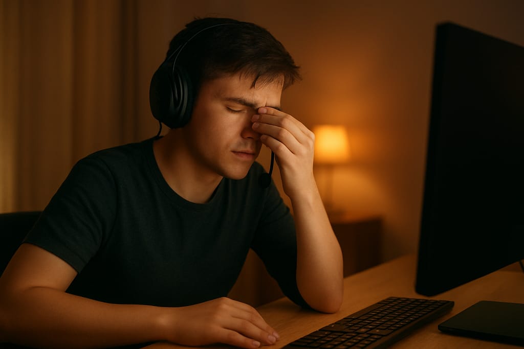 Gamer rubbing eyes after a long session, showing signs of eye strain. Professional Vision Training for Gamers exercises and equipment
