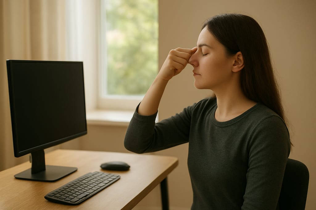 Person taking a short break from the computer to rest eyes and look into the distance