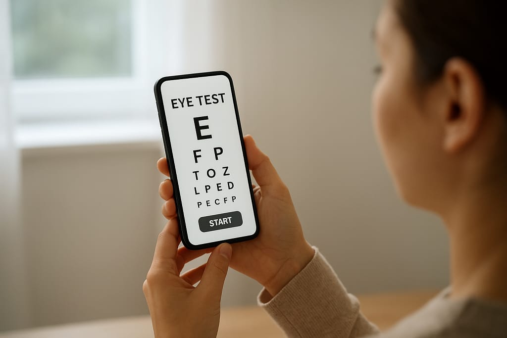 Person taking a digital eye test using a smartphone app, representing teleoptometry and remote eye care.