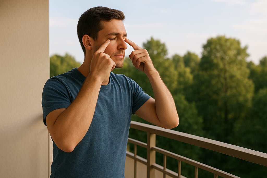 Person practicing distance eye focus outdoors to prevent digital eye strain