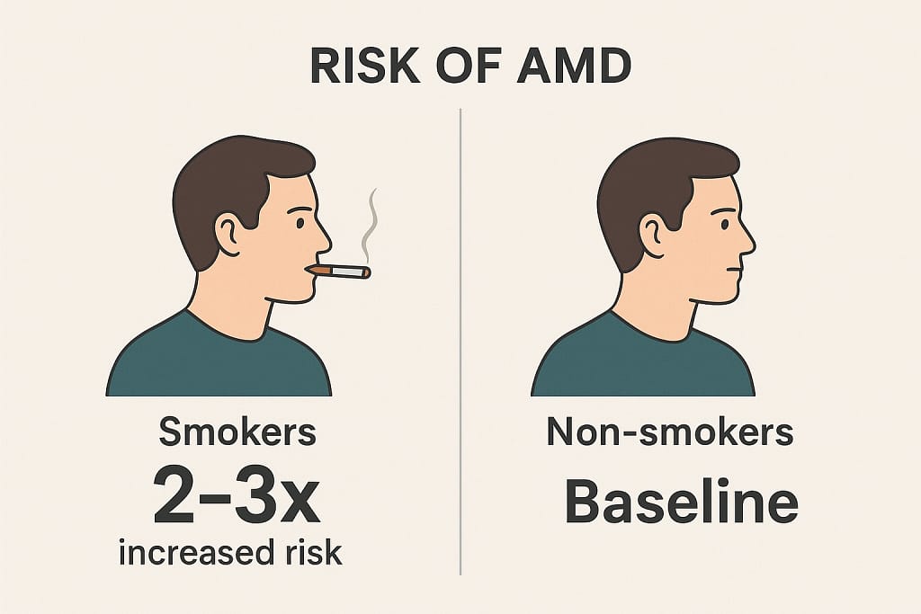 Diagram illustrating the extreme risk of developing AMD associated with smoking, highlighting its role as the number one risk factor against effective AMD Prevention Protocols.