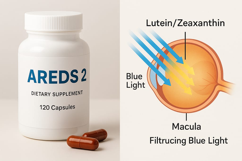 Visual representation of AREDS 2 supplements, Lutein and Zeaxanthin, acting as an internal blue light filter for the macula, a key part of AMD Prevention Protocols.