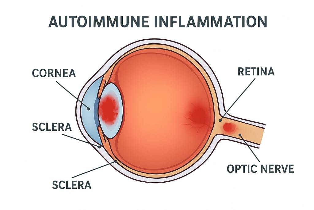 Eye Health and Autoimmune Diseases diagram showing inflammation in cornea, sclera, and retina