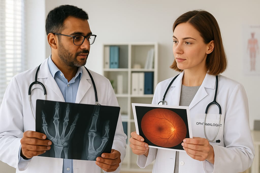 Medical professionals discussing coordinated care for a patient with Sjögren's Syndrome and Dry Eye, emphasizing rheumatologist and ophthalmologist collaboration.