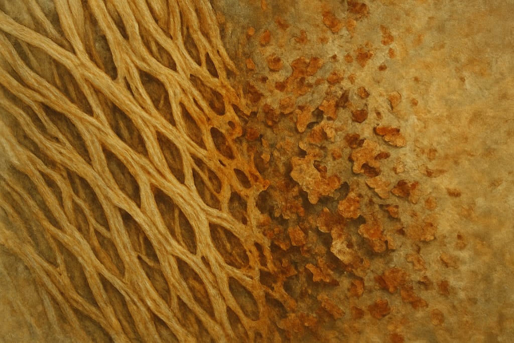 Microscopic representation of degraded collagen and the Extracellular Matrix, highlighting tissue weakness in the Ocular Biomechanics of Myopia.