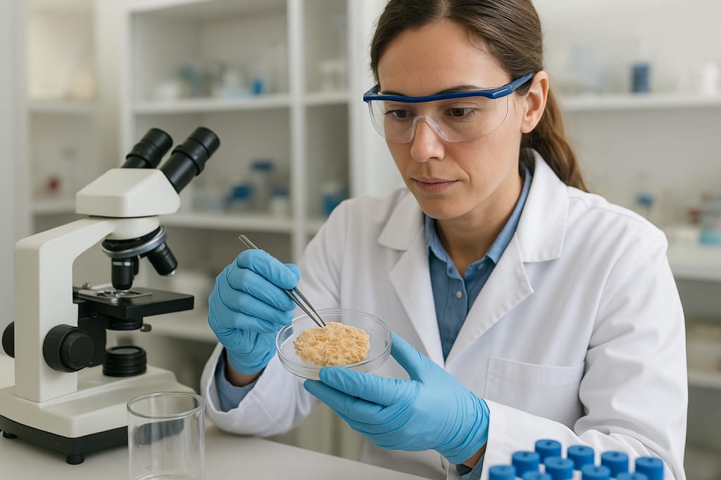 Scientist working on advanced scleral tissue repair, symbolizing the future of intervention in the Ocular Biomechanics of Myopia via biohacking.