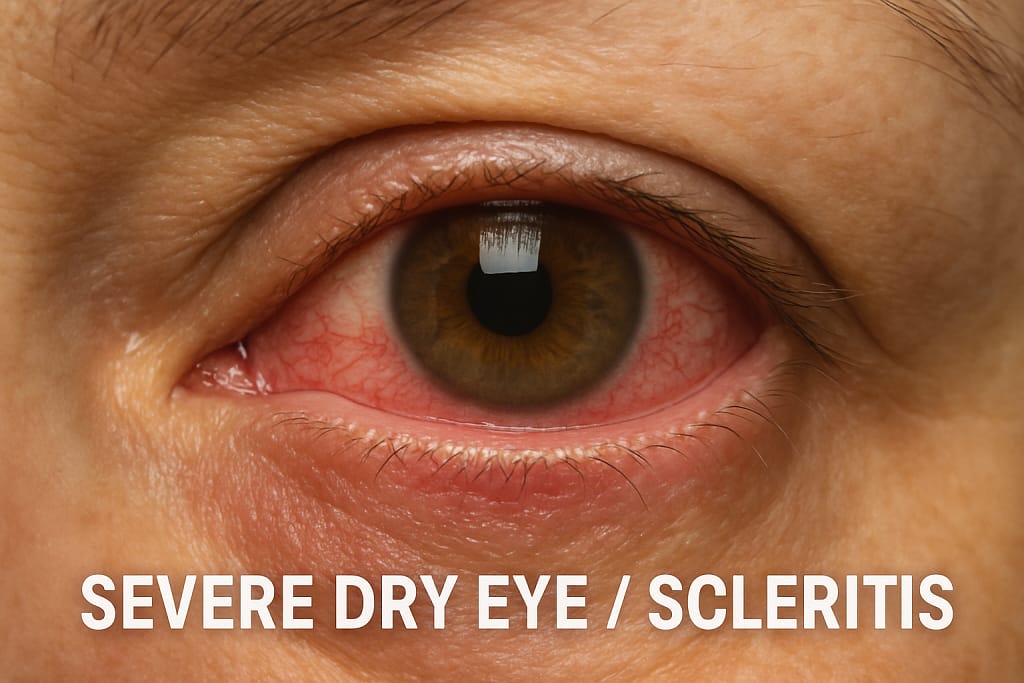 Severe Dry Eye / Scleritis: A close-up of an inflamed eye with dry patches or redness, linked to RA.