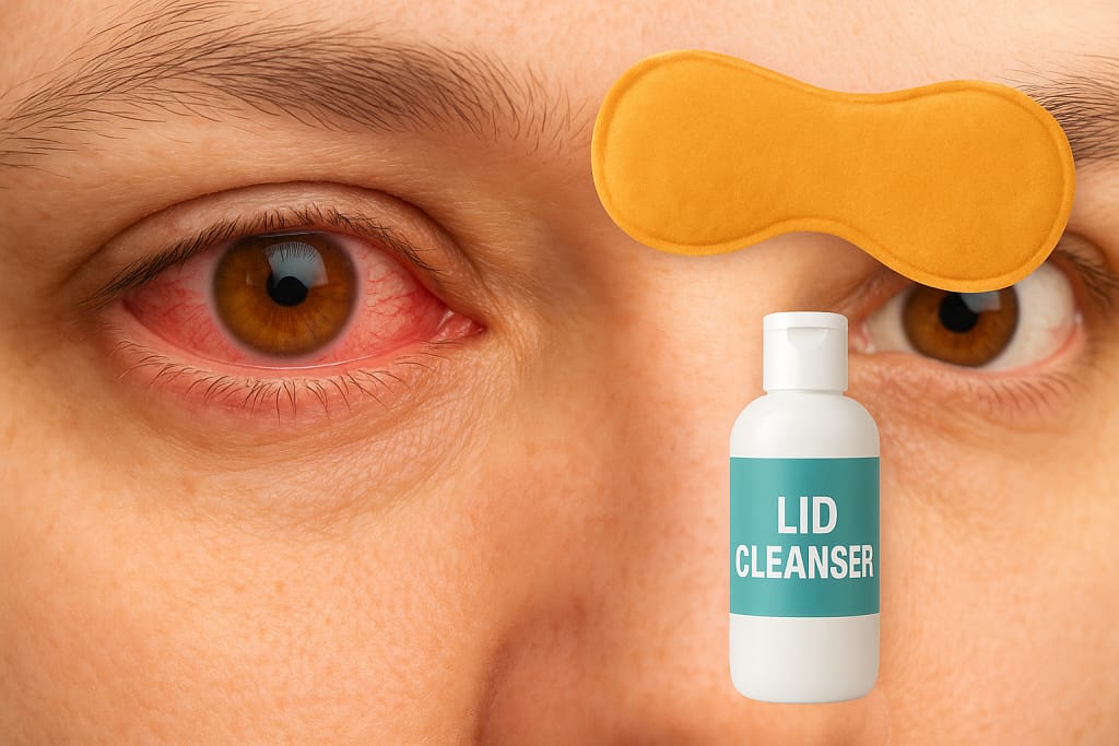 A close-up of chronic eyelid inflammation (Blepharitis) contrasted with therapeutic tools like a heating mask and eyelid cleanser, emphasizing strict adherence to the long-term MGD Protocol.