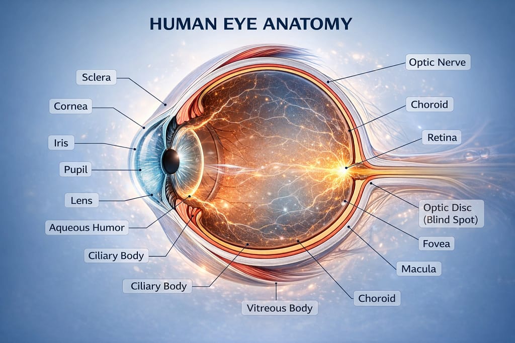 Detailed 3D anatomical diagram of the human eye showing the Retina, Optic Nerve, Lens, and Cornea, highlighting structures affected by Binocular Vision Dysfunction (BVD).