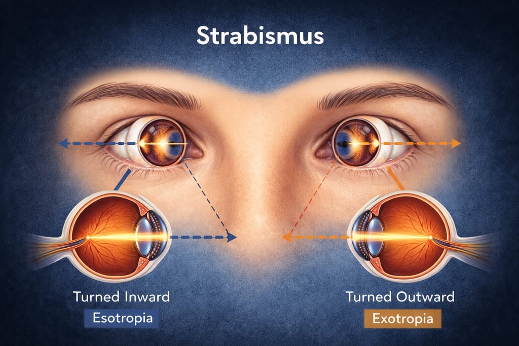 Visual comparison of normal eye alignment vs Lazy Eye Amblyopia caused by strabismus.