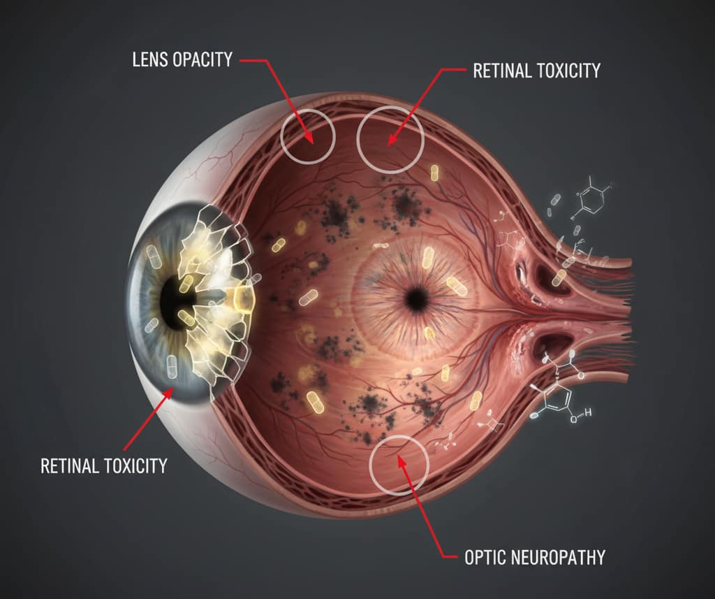 Visualizing Ocular Drug Toxicity—The effect of medication on different parts of the eye: retina, lens, optic nerve.