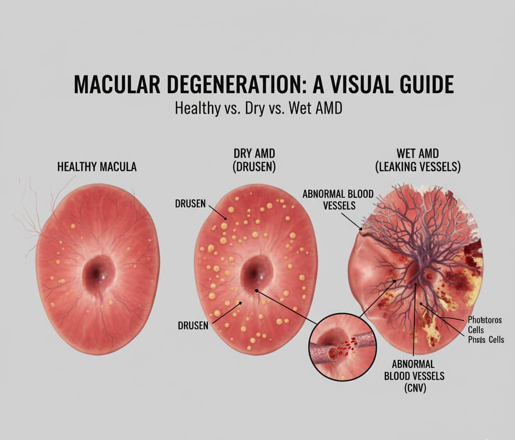 Comparison of a healthy macula to one affected by drusen and choroidal neovascularization, emphasizing the importance of AMD Prevention Protocols.