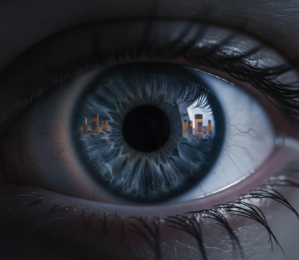 Hero image illustrating a large human eye reflecting prescription medication, symbolizing the critical ocular side effects of common drugs and the necessity of regular vision monitoring.