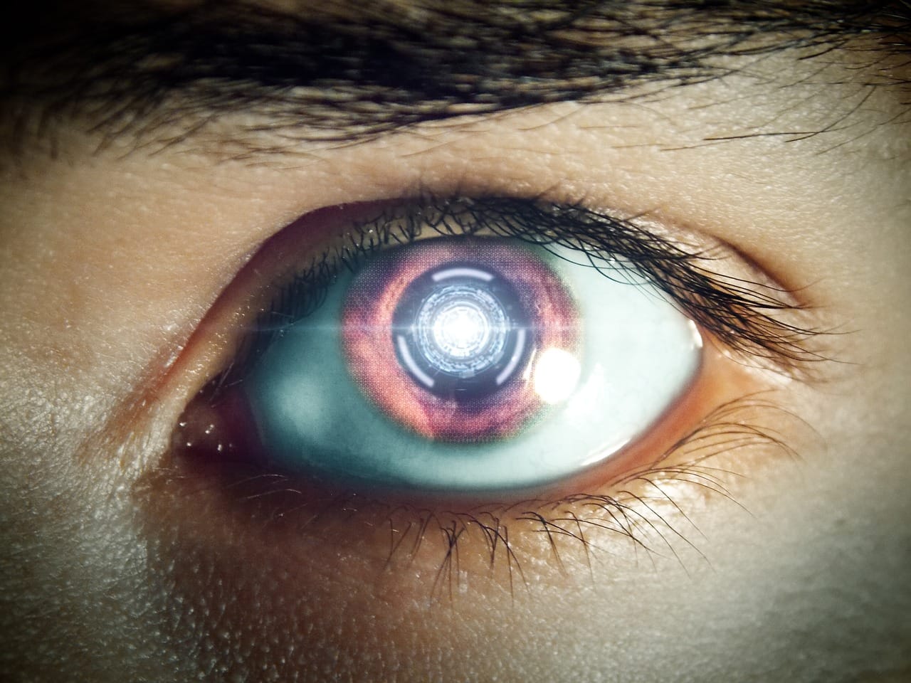 Futuristic digital concept of an eye with AI holographic scanning interface representing artificial intelligence in vision care.