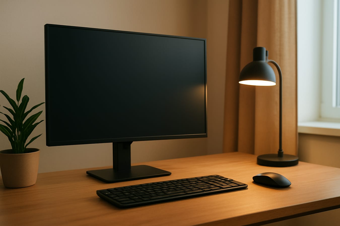 Ergonomic workspace setup with monitor at eye level and soft ambient lighting to show how to setup your workspace to prevent digital eye strain