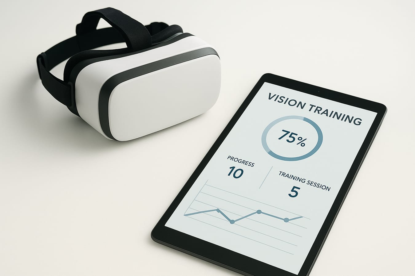 "Vision training VR headset and tablet app showing performance metrics"
