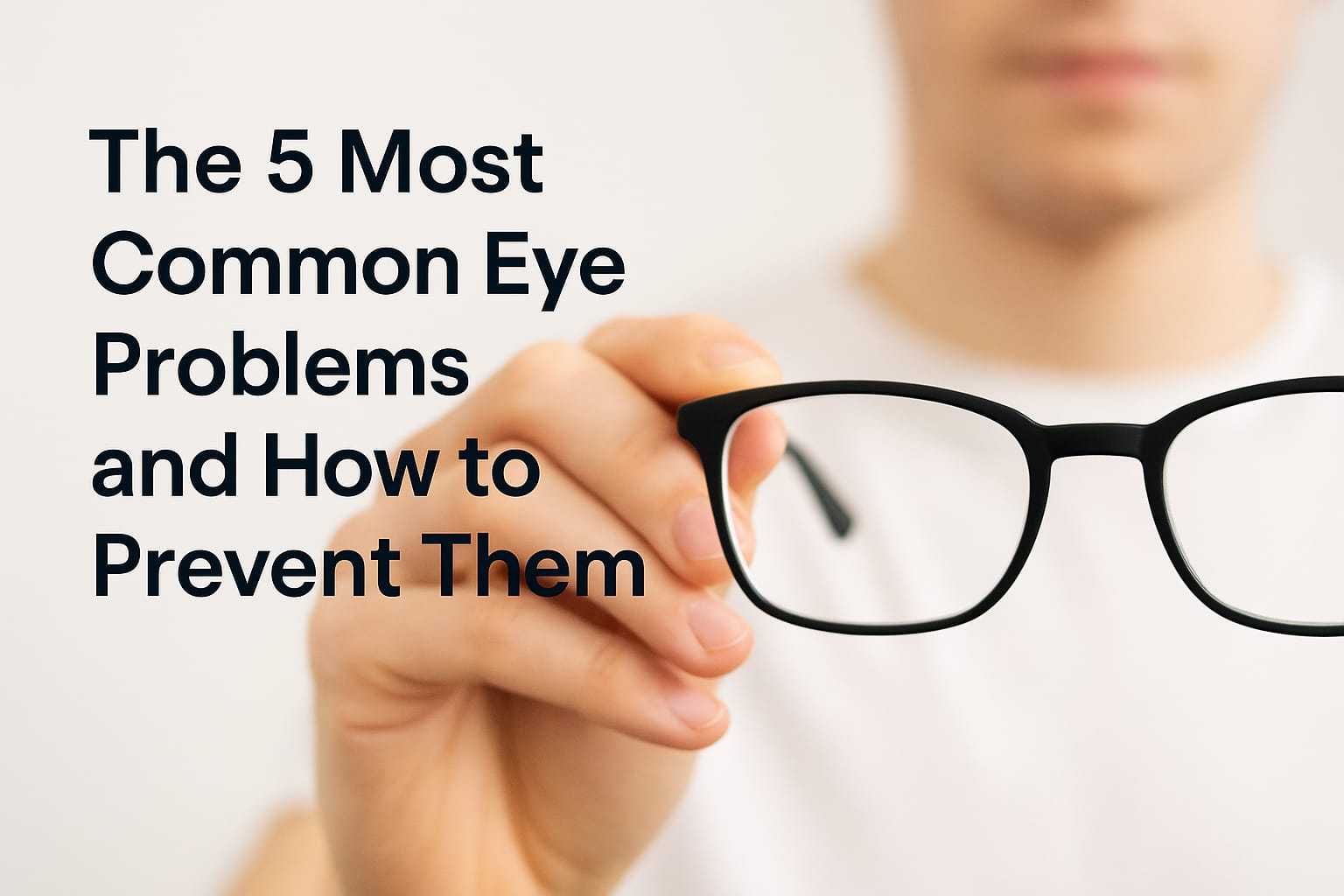 Close-up of a person holding eyeglasses towards the camera with text overlay about common eye problems and prevention